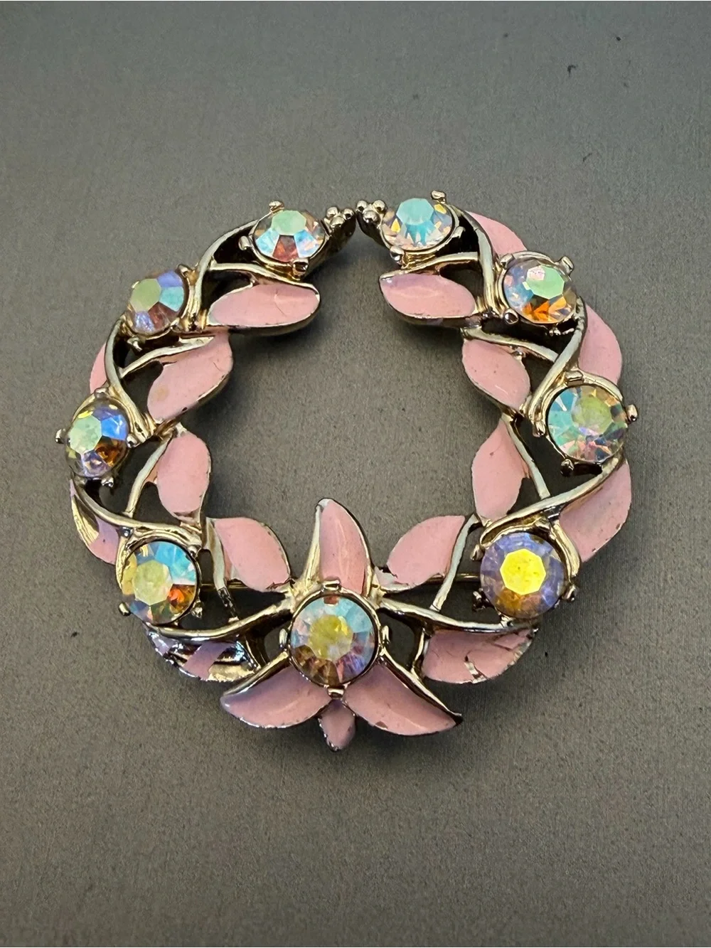 Kramer Pink Enamel Aurora Borealis Crystal Wreath Brooch